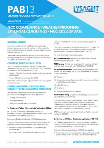 LYSAGHT® Product Advisory Bulletin 13 (PAB13) - Weatherproofing External Compliance
