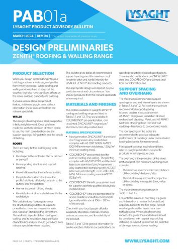 LYSAGHT® Product Advisory Bulletin PAB01a Design Preliminaries ZENITH® Range
