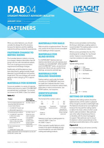 LYSAGHT® Product Advisory Bulletin PAB04 Fasteners