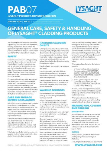 LYSAGHT® Product Advisory Bulletin PAB07 General Care, Safety and Handling of LYSAGHT® Cladding Products