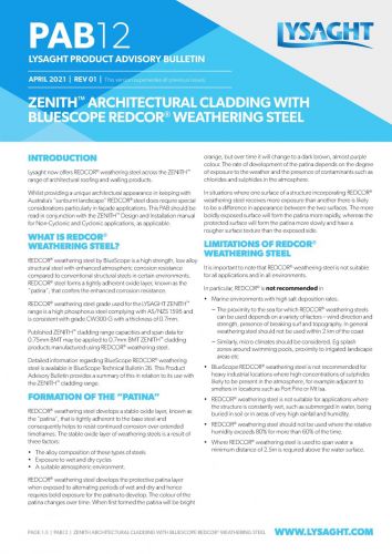 LYSAGHT® Product Advisory Bulletin PAB12 ZENITH™ Architectural Cladding with BlueScope REDCOR® Weathering Steel
