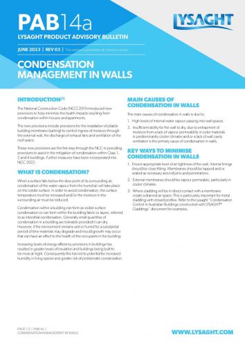 LYSAGHT® Product Advisory Bulletin PAB14a Condensation Management in Walls