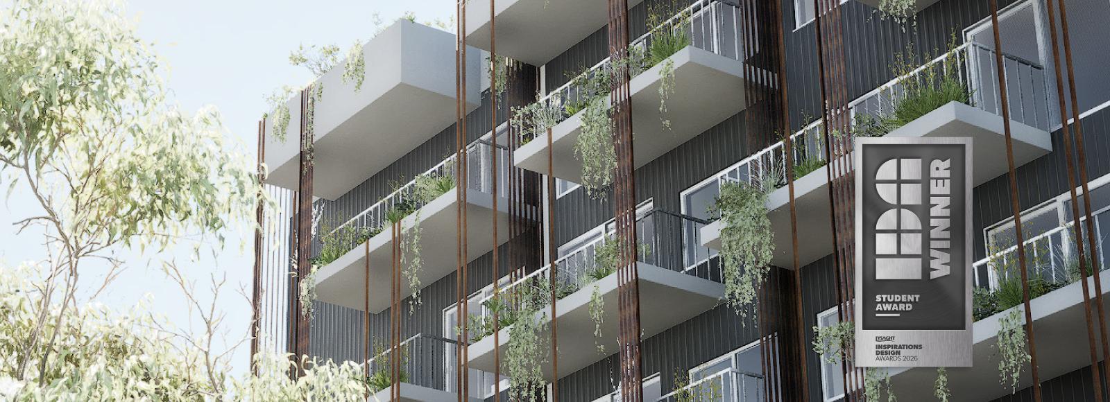 Render of staggered balconies with trailing plants against dark vertical cladding, with a Student Award Winner badge.