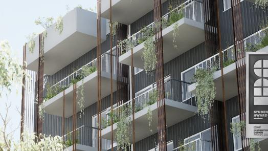 Render of staggered balconies with trailing plants against dark vertical cladding, with a Student Award Winner badge.