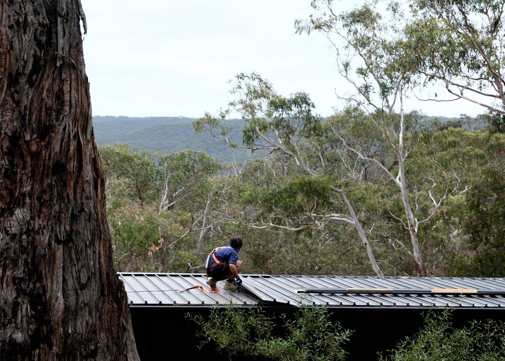Worker installing steel cyclone roofing on a home in a bushland setting