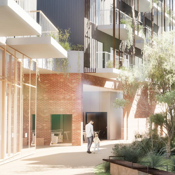 Render of the brick podium and glazed co-working frontage, with a parent and child walking through landscaping.