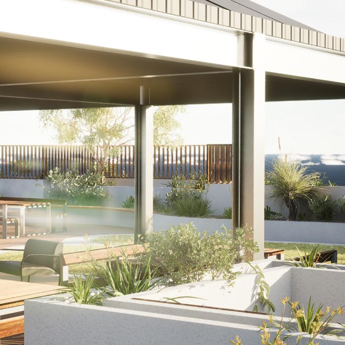 Render of the rooftop shade structure over a dining area, framed by planter beds of native grasses.