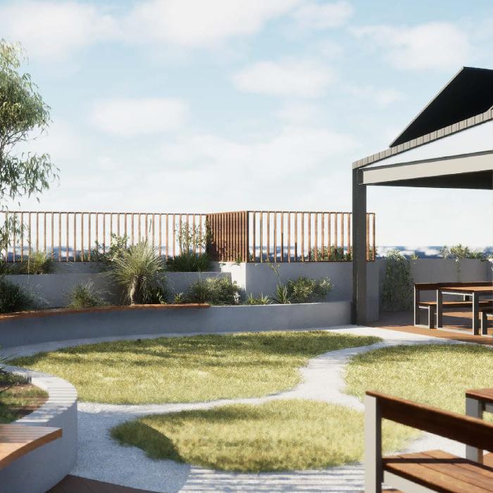 Render of the rooftop garden with raised planters, timber screens and a pergola under a blue sky.