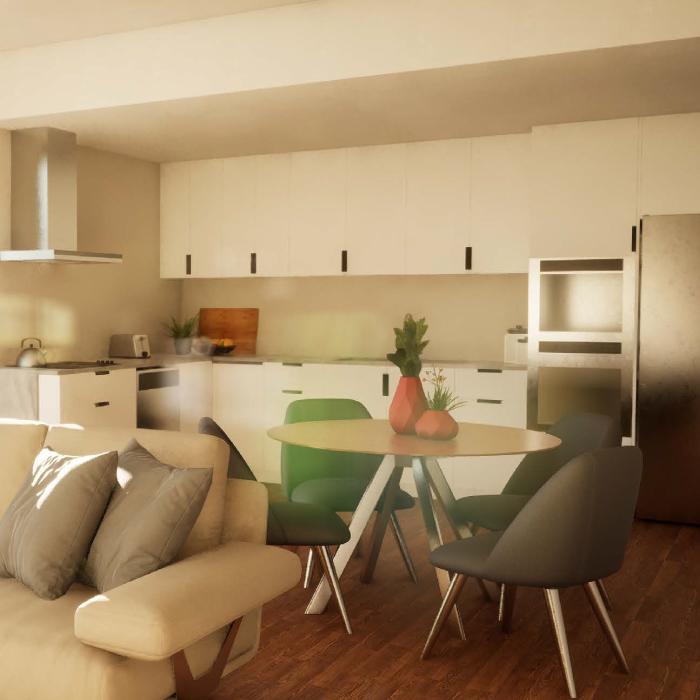 Render of an apartment interior with an open kitchen, round dining table and timber floor.