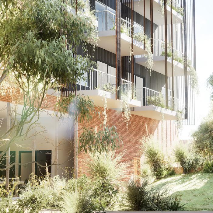 Render of the building's corner, with balconies, timber fins and a brick podium framed by gum trees.