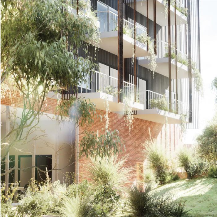 Render of Goodwood Green’s planted balconies above a brick podium and native landscaping.